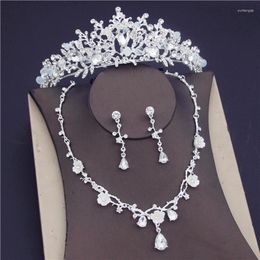 Wedding Jewellery Sets Vintage Silver Flower Crystal Bridal For Women Party Rhinestone Tiaras Crown Necklace Earrings Set