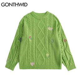 Men's Sweaters GONTHWID Sweaters Hip Hop Embroidery Flower Heart Knitted Jumpers Sweater Harajuku Loose Casual Streetwear Knitwear Fashion Tops T220906
