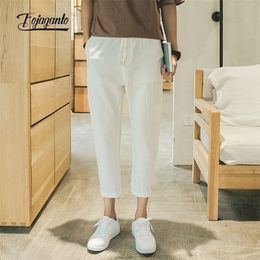 Men's Pants FOJAGANTO Summer Korean Style Linen Slim Casual Calf Length Fashion Light Thin Solid Colour Male 220907