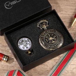 Pocket Watches Retro Fob Watch Necklace Set Bronze Fire Fighter Quartz Clock Gift Kit For Men Boys Husband Relogio De Bolso