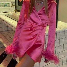 Casual Dresses Women Rose Red Satin Feather Decoration Laceup Mini Female Spring Fashion Chic High Street Pleated Irregular Hem 220906