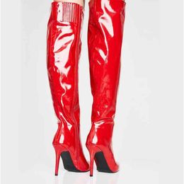 Boots Women Shiny Leather Over The Knee High Pointed Toe Stilettos Heels Red Sexy Womens Big Size 220906