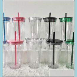 Mugs New Flat Lid 710Ml 24Oz Clear Plastic Double Wall Tumbler With St And Reusable Coffee Tea Mugs 6070 Q2 Drop Delivery 2021 Home G Dhamy