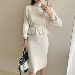 Two Piece Dress Office Lady Elegant Knitted Sets Women Half Turtleneck Slim Ruffled Pullovers Sweater Bodycon Pencil Skirts 220906