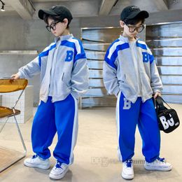 spring wholesalers Canada - Big boys letter embroidery clothes sets kids patchwork color long sleeve outwear loose pants 2pcs fashion children outfits Q8396