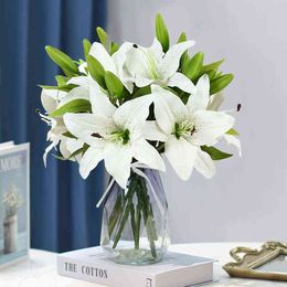 Faux Floral Greenery 5Pcs 38Cm White Lily Artificial Flowers Party Wedding Bridal Bouquet Fake Plant For Living Room Home Yarn Decoration real Touch J220906