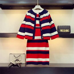 Work Dresses Knitted Striped 3 Pieces Set Women Single-Breasted Cardigan Short Sleeve Pullover Tops Bodycon Skirt Suit Women's Sets 2022