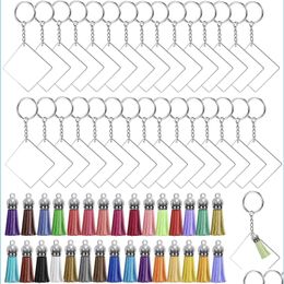 Keychains 120Pcs Square Acrylic Keychain Blank Tassel Set Women Bag Pendant Car Key Rings With Chain Diy Craft Jewelry Ornament Makin Dh34I