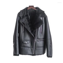 Women's Fur Womens Winter Jacket Coat Sheepskin Women Fashion Warm Zipper Turndown Collar Black Long Sleeve Jackets Female