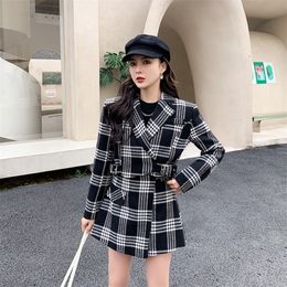 Two Piece Dress Fashion Woollen Suit Women Korean Casual Loose Short Jacket Coat High Waist Sets Outfit Winter Thicken Warm 220906