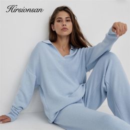 Womens Two Piece Pants Hirsionsan Winter Thick Women Knitted Suits Soft 2 Pieces Cashmere Female Sets Polo Neck Sweater Wide Leg Outfit 220906