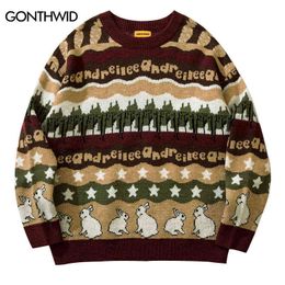 Men's Sweaters Mens Vintage Sweater Knitted Rabbit Star Striped Jumpers Sweaters Streetwear 2022 Harajuku Hip Hop Casual Pullover Sweater Male T220906