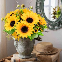 Faux Floral Greenery 1Bunch Artificial Sunflower Silk Flower Bouquet For Wedding Home Garden Decoration High Quality Simulation Fake Flowers J220906