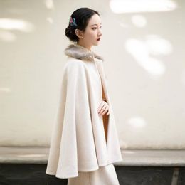 Ethnic Clothing Winter Cheongsam Shawl Fur Collar Women Chinese Vintage Harajuku Elegant Cloak Outwear Wild Warm Female Cape Coat MT867