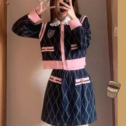 Two Piece Dress Preppy Style Plaid Knitted Set Women Autumn Vneck Short Cardigan Sweater Mini Skirt Suits Female 220906