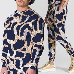 Mens Tracksuits Autumn Men Set Vintage Chain Printed Two Piece Suits Long Sleeve Crew Neck Sweatshirts And Slim Pants Outfits For Mens Tracksuit 220906