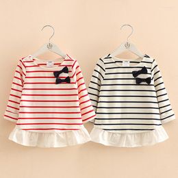 Shirts Children Bowknot Tops 2022 Arrival Spring Autumn 2-10 Year Kids Clothes Strip Patchwork Long Sleeve O-Neck T Shirt Baby Girl