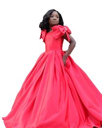 Satin Girl Pageant Dress 2023 Bow Pocket Ballgown Draped Duchess Satin Little Kid Birthday Formal Party Gown Toddler Teens Preteen Water Melon Red Purple Flower-Girl