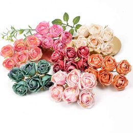 Faux Floral Greenery 6pcs 4cm Artificial Flower Silk Bright Pink Rose Bouquet For Wedding Home Christmas Decoration DIY Wreath Scrapbook Gift box J220906