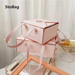 Gift Wrap StoBag 5pcs Bronzing Portable Paper Box Leather Portable Rope Chocolate Candy Packaging Birthday Party Year Gift Decoration 220906