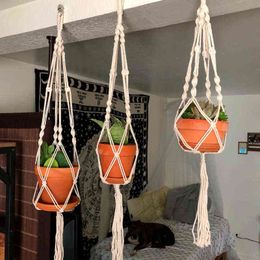 Faux Floral Greenery Macrame Handmade Plant Pendant Baskets Flower Pots Holder Balcony Hanging Decoration Knotted Lifting Rope Home Garden J220906