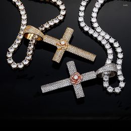 Pendant Necklaces Hip Hop Micro Paved Cubic Zirconia Bling Out Rose Flower Cross Pendants Necklace For Men Rapper Jewelry Drop