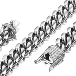 -Цепи серебряный цвет мужской цепь кубинская цепь белая ширина 14 мм ожерелье из нержавеющей стали или браслет с бриллиантовым кокером 7 5-30 "293J