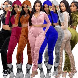 Autumn Winter Women 2 Piece Pants Sets Velour Tracksuits Zipper Hooded Crop Top Jacket Stacked Sweatpant Velvet Sweatsuit