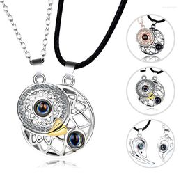 Chains 2PCS Couple Necklaces 100 Languages Sun And Moon Magnetic Pendant Love Memory Necklace Valentine's Day Gift