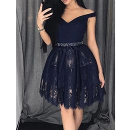 Navy Blue Lace Homecoming Dresses V Neck Off Shoulder Short Prom Dresses Black Mini Party Gowns Zipper Up