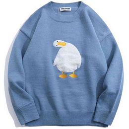 Men's Sweaters Harajuku Oversized Knitted Sweater Men Cartoon Duck Goose Embroidery Jumpers Japanese Fashion O-Neck Streetwear Couple Unisex T220906