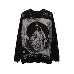 Men's Sweaters Send Necklace Ripped Oversize Sweaters Frayed Knitted Long Sleeve Top Harajuku Streetwear Pullovers Gothic Men Y2k Women Sweater T220906