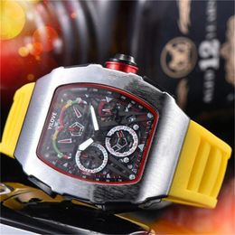 Mens Sports Style 43mm Watch Calendar Quartz Imported Movement Clock Black Yellow Rubber Strap Waterproof Stainless Steel Case Mission Runway Wristwatches