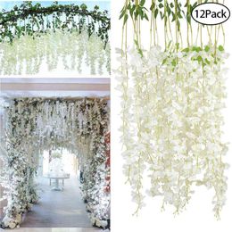 Faux Floral Greenery 12 Piece Wisteria Artificial Flowers Hanging Garland Vine Rattan For Wedding Arch Party Home Garden Decorations Fake Flower String J220906