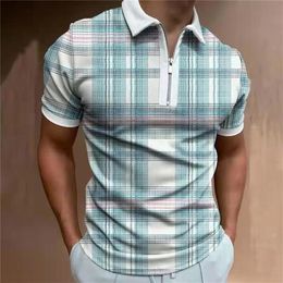 Men's Polos Summer Chic Plaid Casual Mens Short Sleeve Polo Shirts Patchwork Turn-Down Collar Zipper Design Men Print Tops Pullovers 220906
