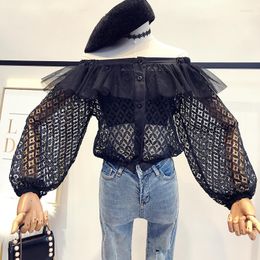 Women's Blouses 2022 Autumn Female Slash Neck Mesh Ruffles Lace Shirts Women's Off Shoulder Long Sleeve Hollow Shirt Women Fashion