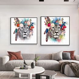 Canvas Painting Lion Head With Flower Garland Modern Nordic Animal Wall Art Posters And Prints For Living Room Home Decor