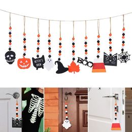 1pc Halloween Decor Wooden Beads Garland Pumpkin Ghost Skull Wood Chip Pendant Halloween Party Decoration for Home Rustic Hanging Ornament