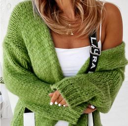 Women Sweater Cardigan Lady With Buttons Oversize Jacket Loose Green Thick Warm Knitted Cardigan For