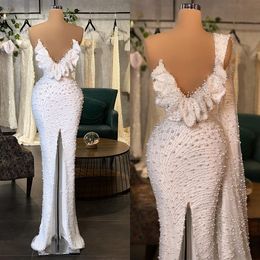 Mermaid Prom Dresses Princess One Shoulder Sleeveless Deep V Neck Pearls Appliques Sequins Evening Dresses Front Slit Floor Length Party Gowns Plus Size Custom Made