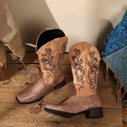 Рыцарские сапоги, модные мотоциклетные женские сапоги с вышивкой на высоком каблуке, длинные западные ковбойские сапоги, обувь 220824