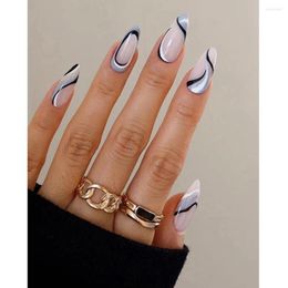 False Nails Detachable Almond Wearable Multicolor Lines Geometric Pattern French Fake Full Cover Nail Tips Press On