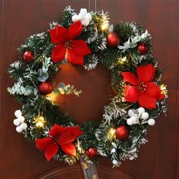 Faux Floral Greenery LED Light Christmas Wreath Artificial Pinecone Red Berry Garland Merry Hanging Ornaments Front Door Wall Decorations 220908
