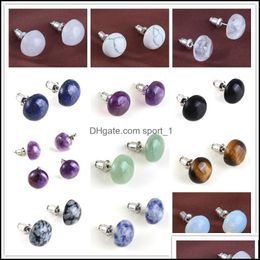 Stud Fashion 10Mm 12Mm Round Stud Natural Stone Rose Quartz Tigers Eye Amethyst Studs Earrings For Women Jewellery Drop Del Dhseller2010 Dhr5W