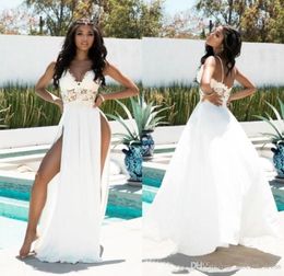 2023 Boho Beach Wedding Dresses Bridal Gown Spaghetti Straps Sleeveless High Split Plus Size Lace Applique Chiffon Floor Length Custom Made vestido de novia