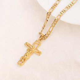 Pendant Necklaces G/F Gold Cross Jesus Crucifix Frame Italian Figaro Link Chain Necklace 9 K Solid Fine Yellow THAI BAHT