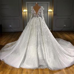Princess Ball Gown Wedding Dresses Appliques Deep V Neck Long Sleeves Sequins Beads Lace Flowers Ruffles Floor Length Sparkling Bridal Gowns Tailored Plus Size