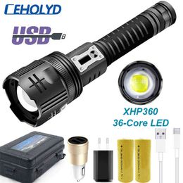 Led Flashlight 36-Core XHP360 Super Bright High Quality Torch Camping Hunting Light Aluminium Alloy Waterproof Zoomable Lantern J220713