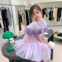 Girl Dresses MILA CHOU 2022 Summer Baby Girls Fairy Petals TuTu Dress Children Cute Short-sleeve Sequins Purple Princess Kids Clothes