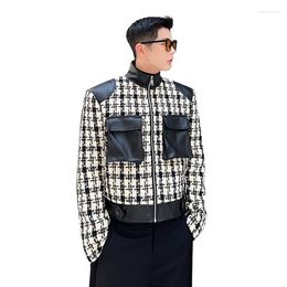 Men's Jackets Autumn Plaid Wool Patchwork Leather Stand Collar Motorcycle Jacket Men Vintage Fashion Loose Casual Short Coat Outerwear